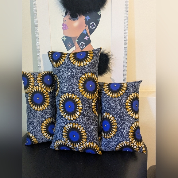 Purse Pillows SET Of Five Handmade Vibrant Blue African Print Decorative Design - Picture 2 of 7